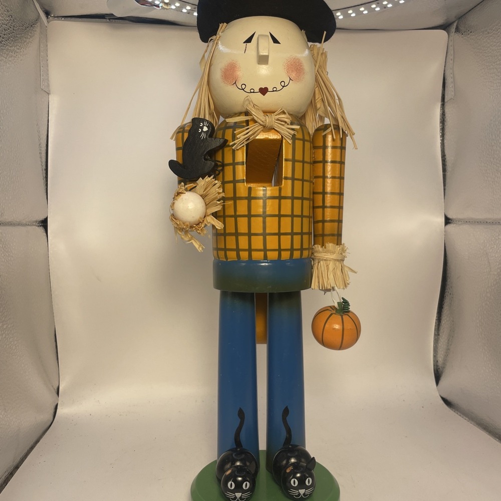 Halloween Pumpkin Head Wood Nutcracker 13.75" Hand Painted Scarecrow & Black Cat